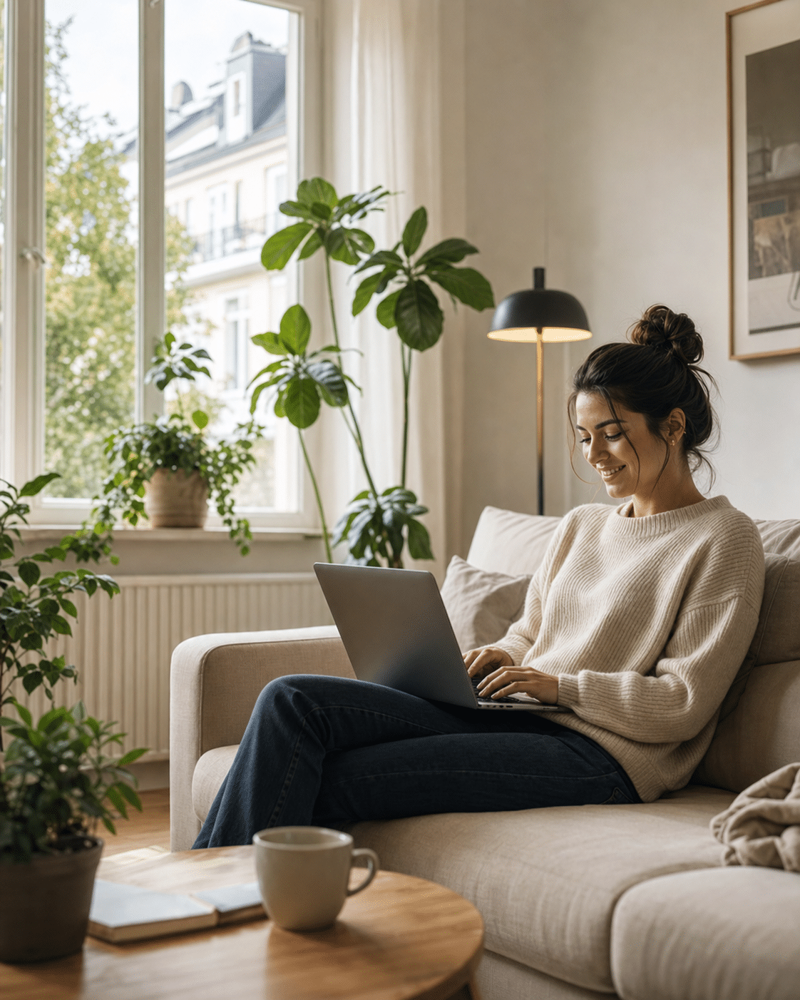 Woman completing her insurance application online at home